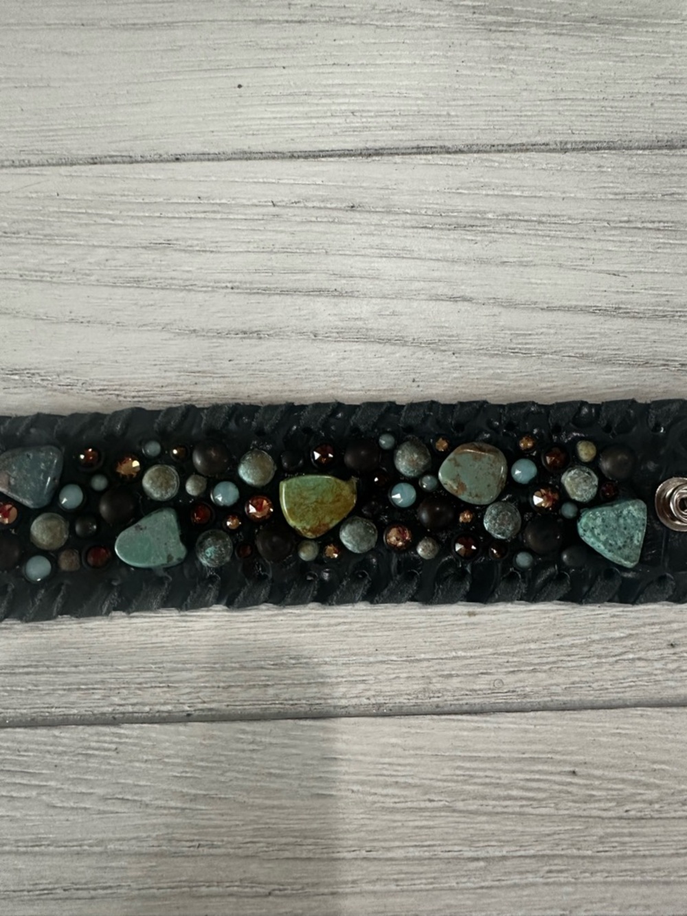 Handcrafted Black Leather Bracelet with Turquoise and Amber Beads